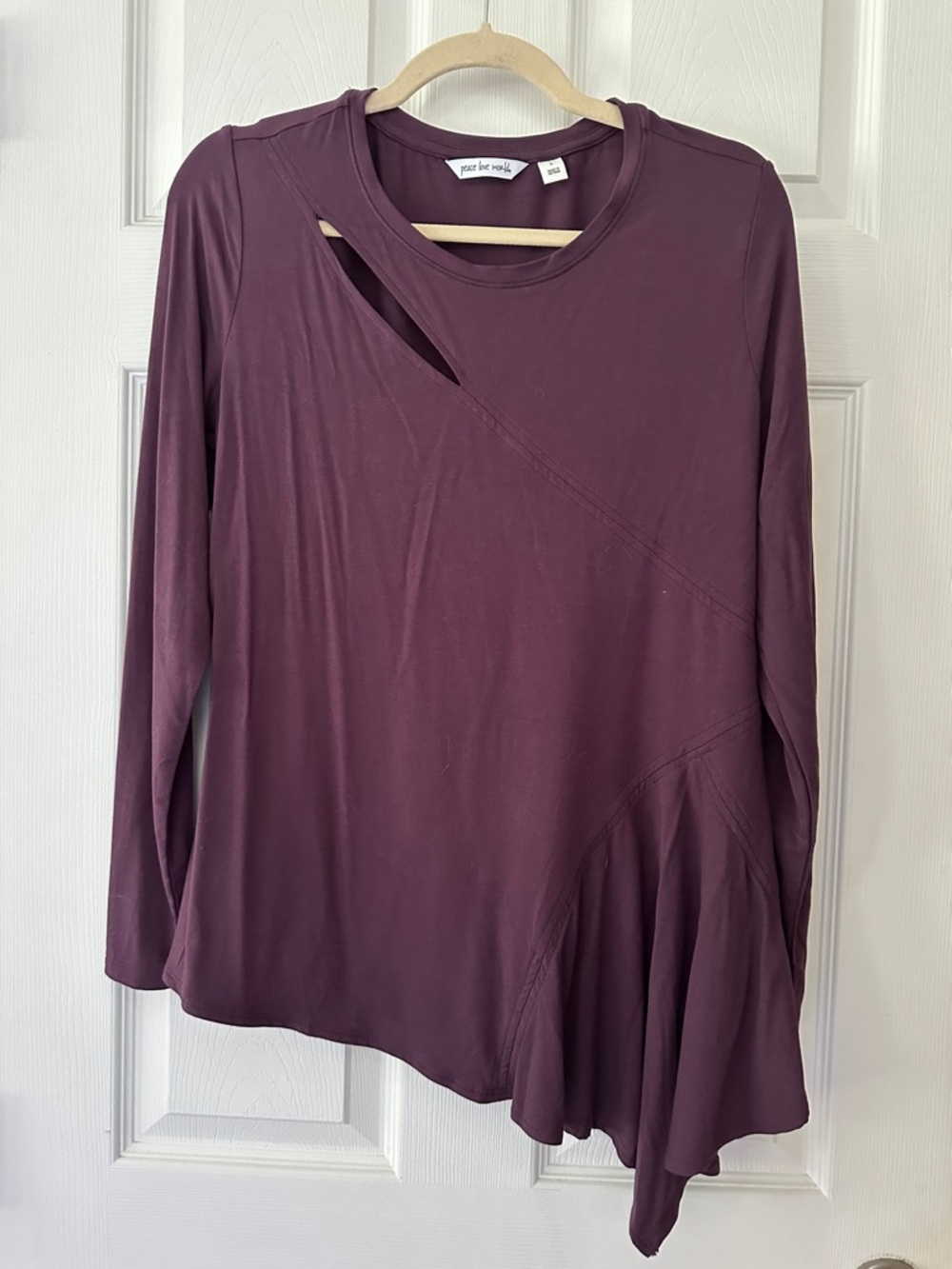 QVC Peace, Love, World Cutout Asymmetrical Long Sleeve Top - Plum S